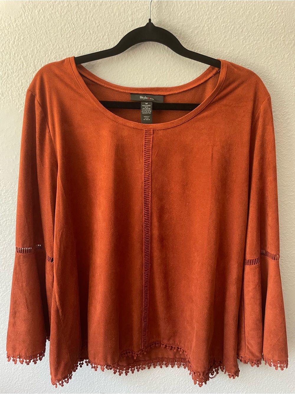 Style & Co. Rust Faux Suede Bell Sleeve Crochet Boho Top Size Medium